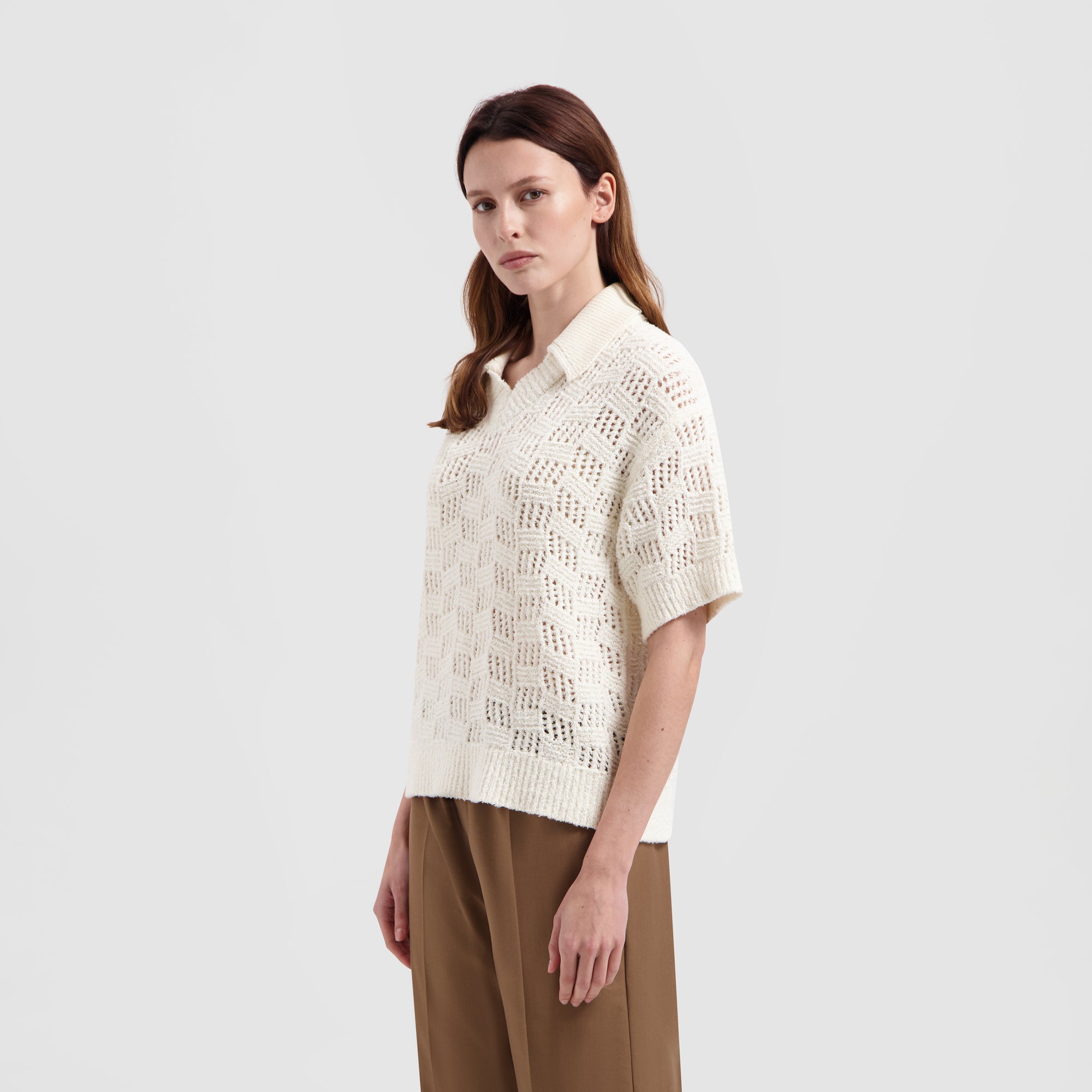 WMN Check Knitted Polo - Off White
