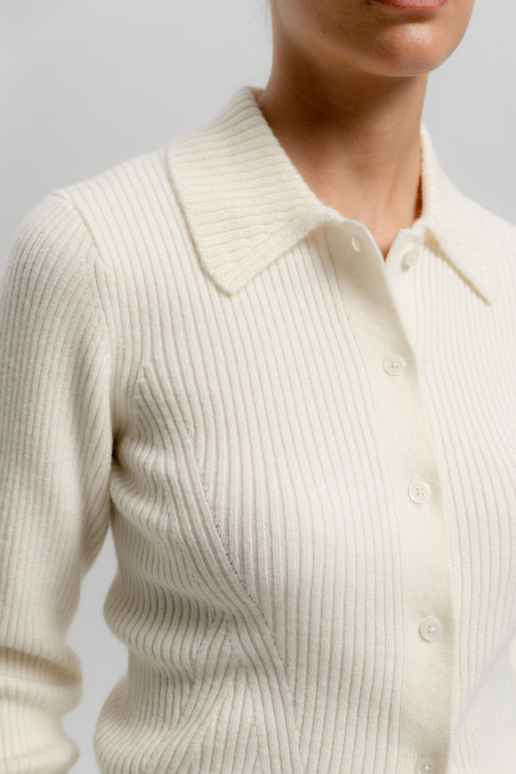 Merino Ribbed Knit Cardigan - Off White