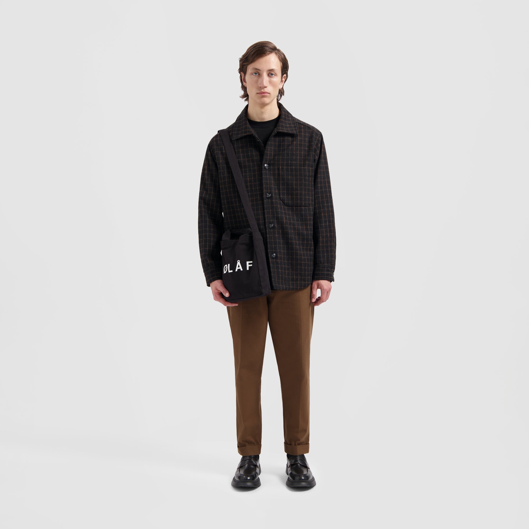 Wool Grid Shacket - Black / Brown