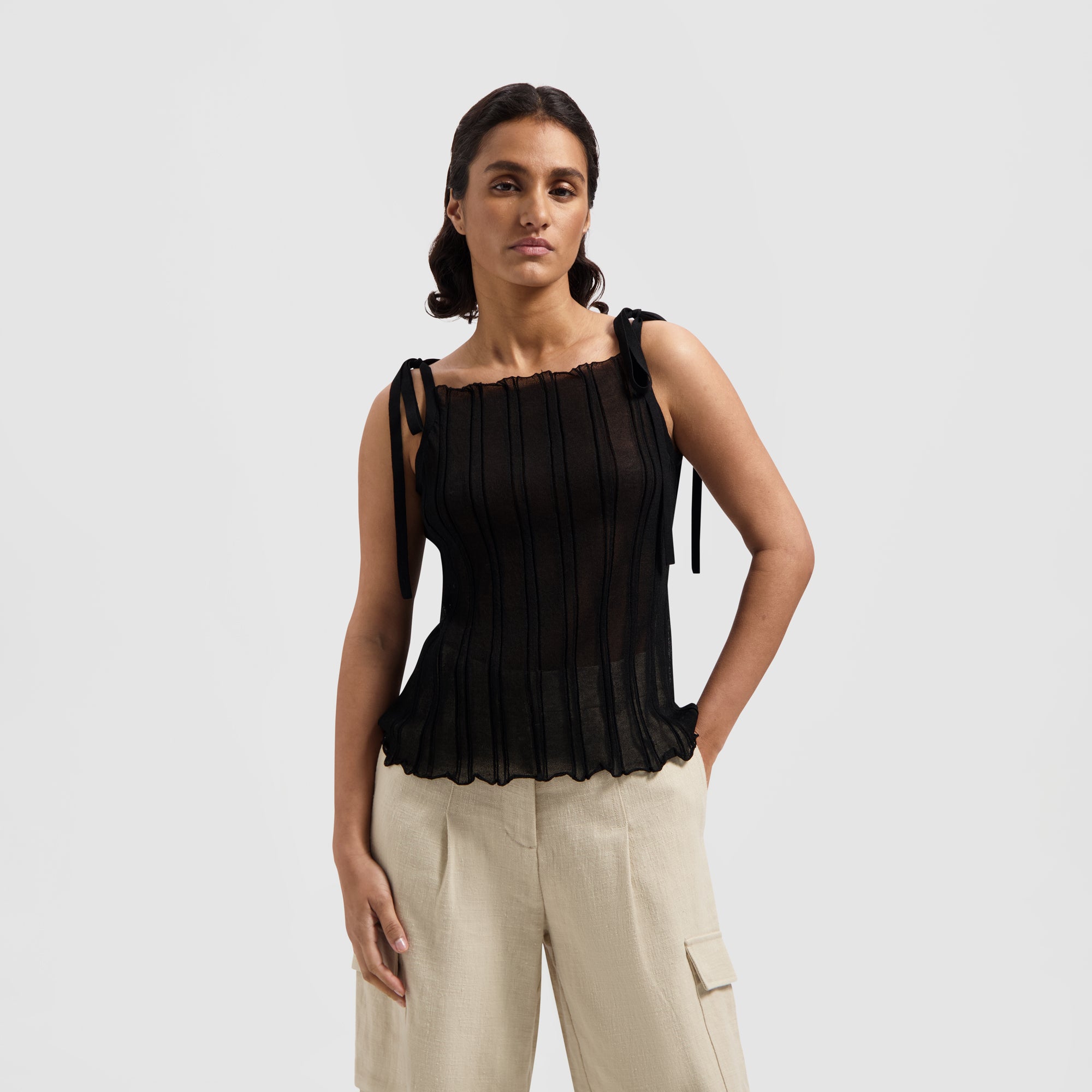 WMN Knitted Tie Tank Top - Black