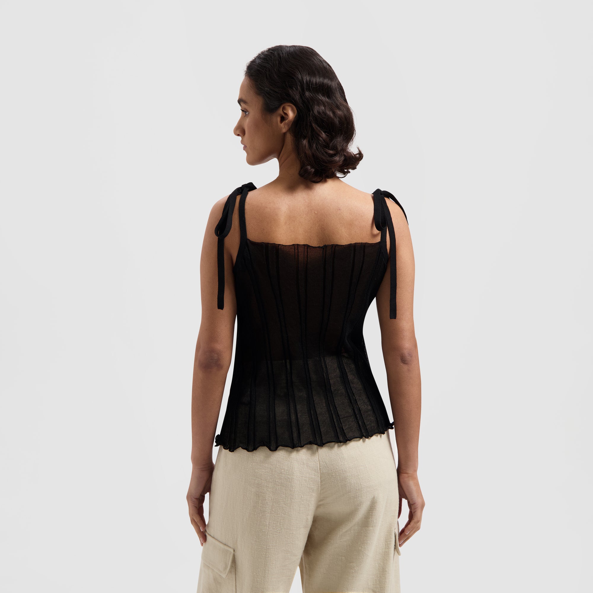 WMN Knitted Tie Tank Top - Black