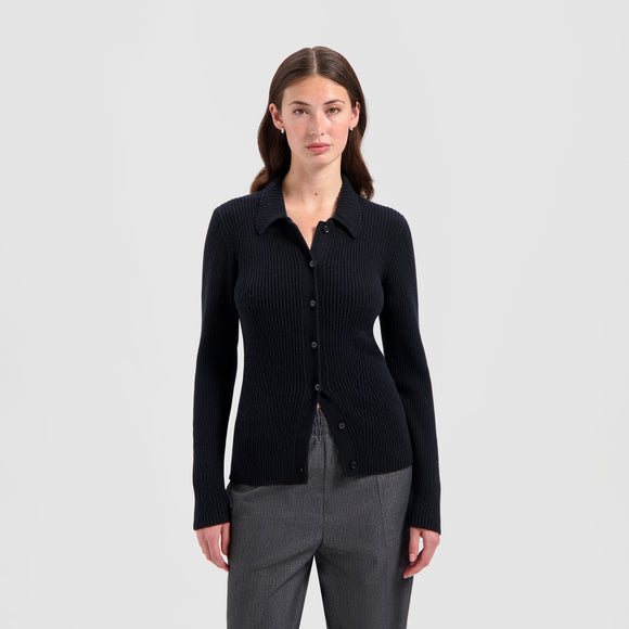 Merino Ribbed Knit Cardigan - Black