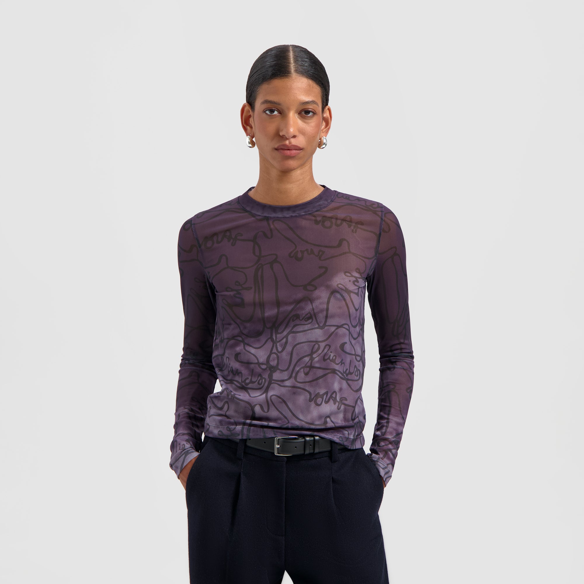 Script AOP Mesh LS Top - Deep Plum